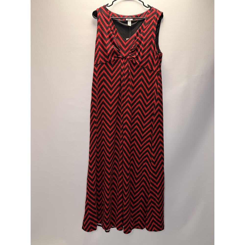 Chico's Dress Womens 2 Petite Red Black Chevron Maxi Sleeveless V Neck